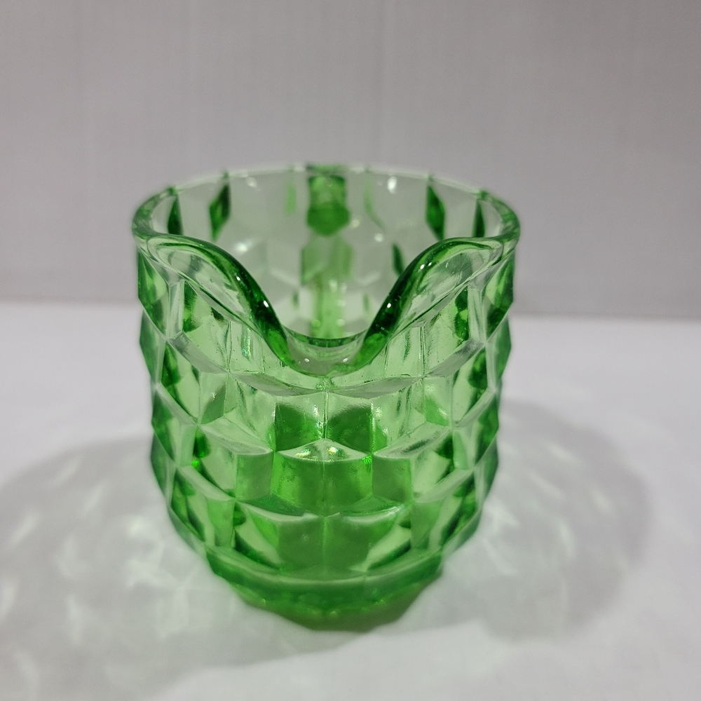 Uranium Glass Depression Glass Pitcher Creamer Cubist Pattern UV Glowing Glass - Picture 6 of 9